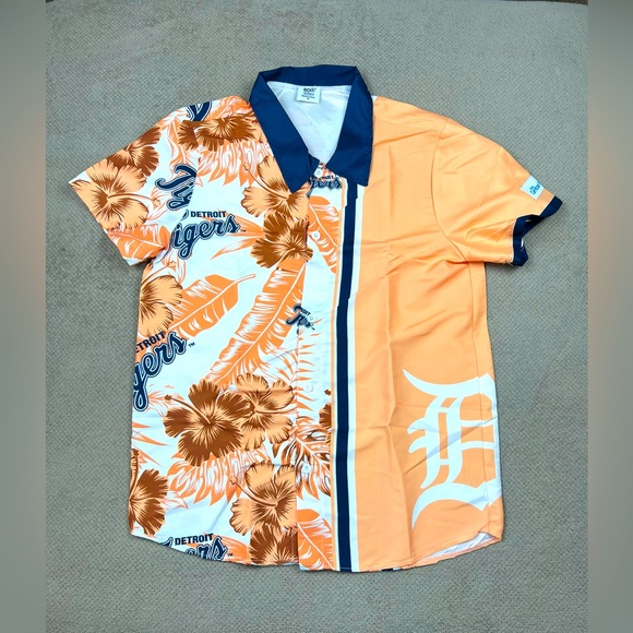BDA Detroit Tigers Men’s Size XL Orange Hawaiian Short Sleeve Button Up Shirt - Picture 1 of 9